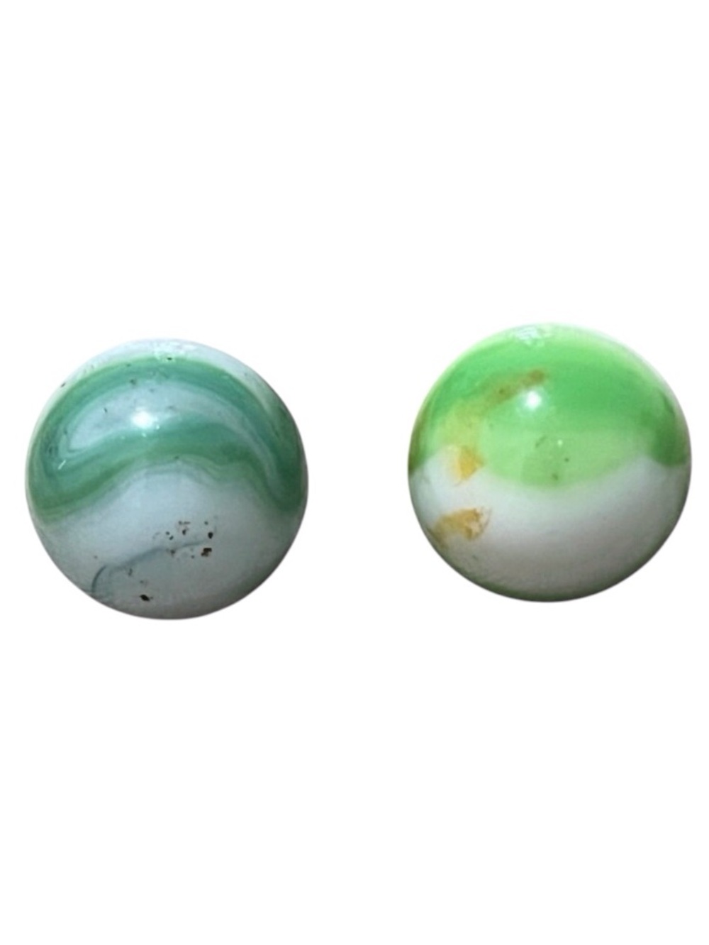 Vintage Glass Ribbon Marbles. Green, white, yellow. Set of 2 (O)